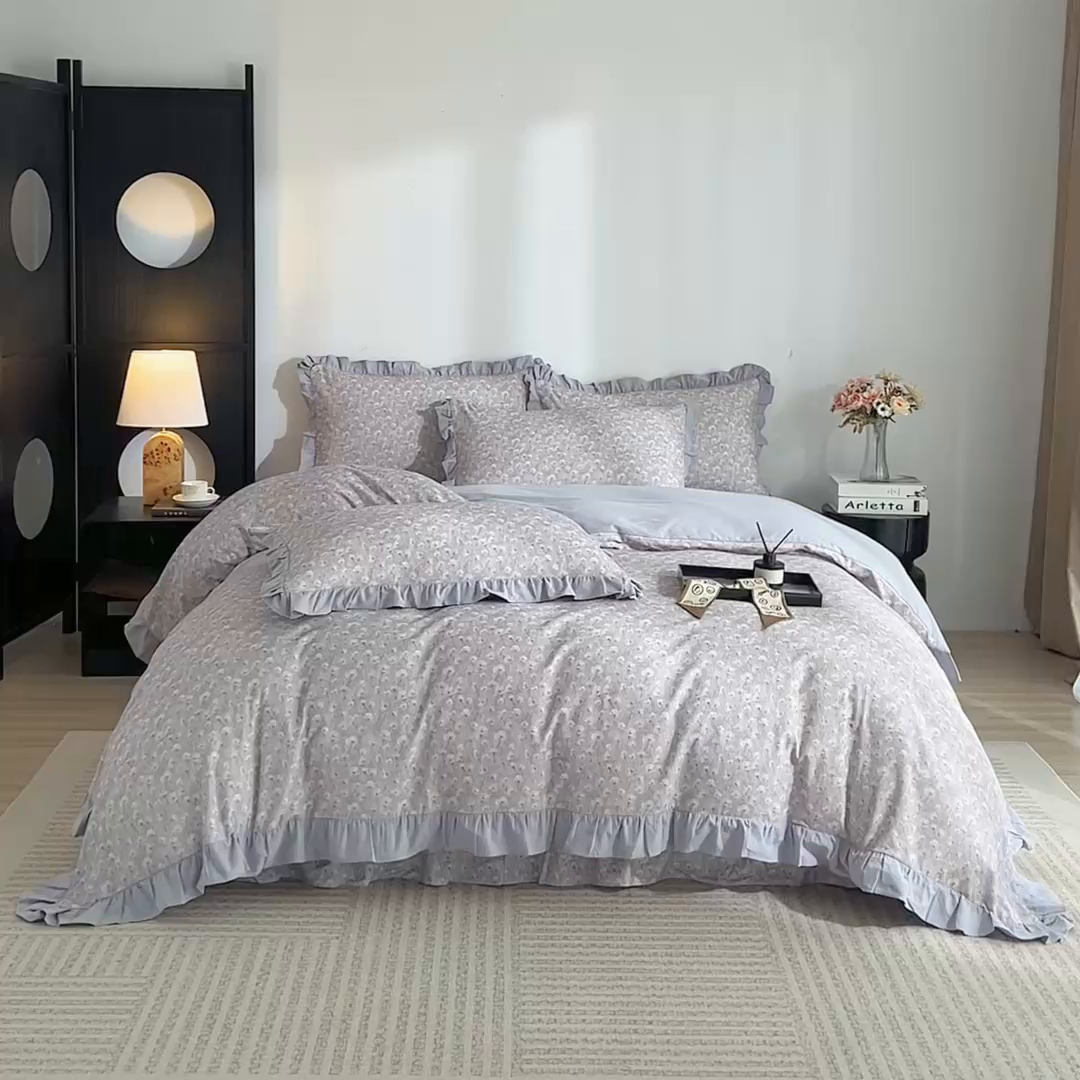 91家纺网 家纺一手货源 找家纺 金纱玉纺家纺 2025韩版数码印花加厚100%棉四件套 情意绵绵-灰