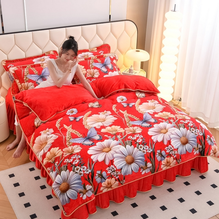 91家纺网 家纺一手货源 找家纺 （总）首选家纺 2025新款加厚保暖牛奶绒金貂绒法莱绒床裙款四件套