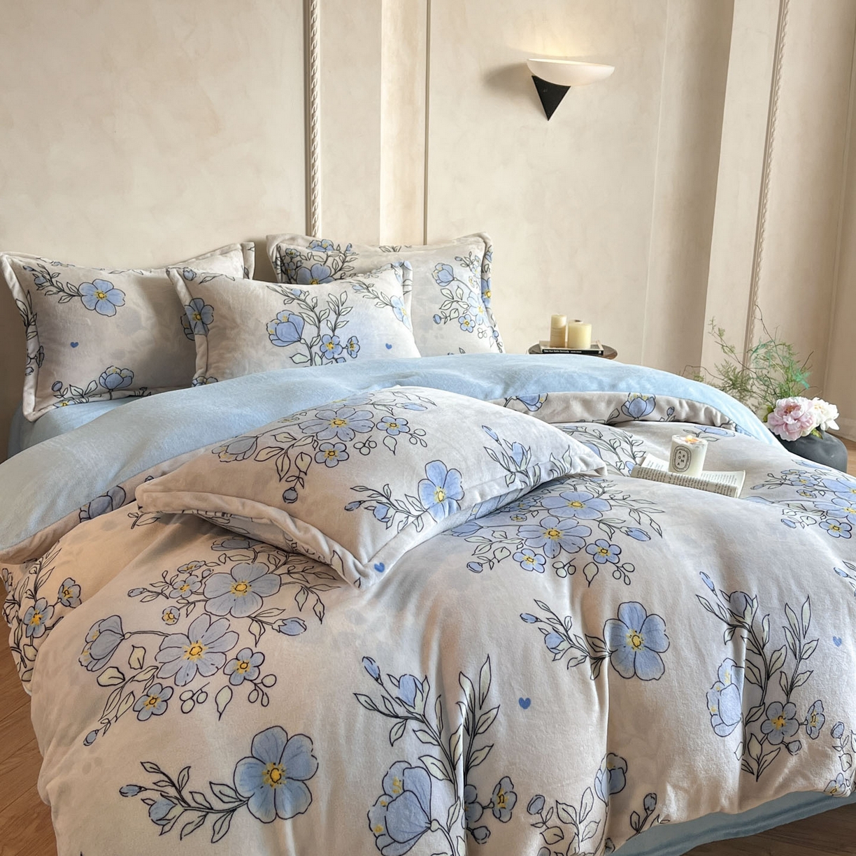 91家纺网 家纺一手货源 找家纺 川悦生活 2025新款轻奢风高克重牛奶绒印花保暖四件套 青空水月