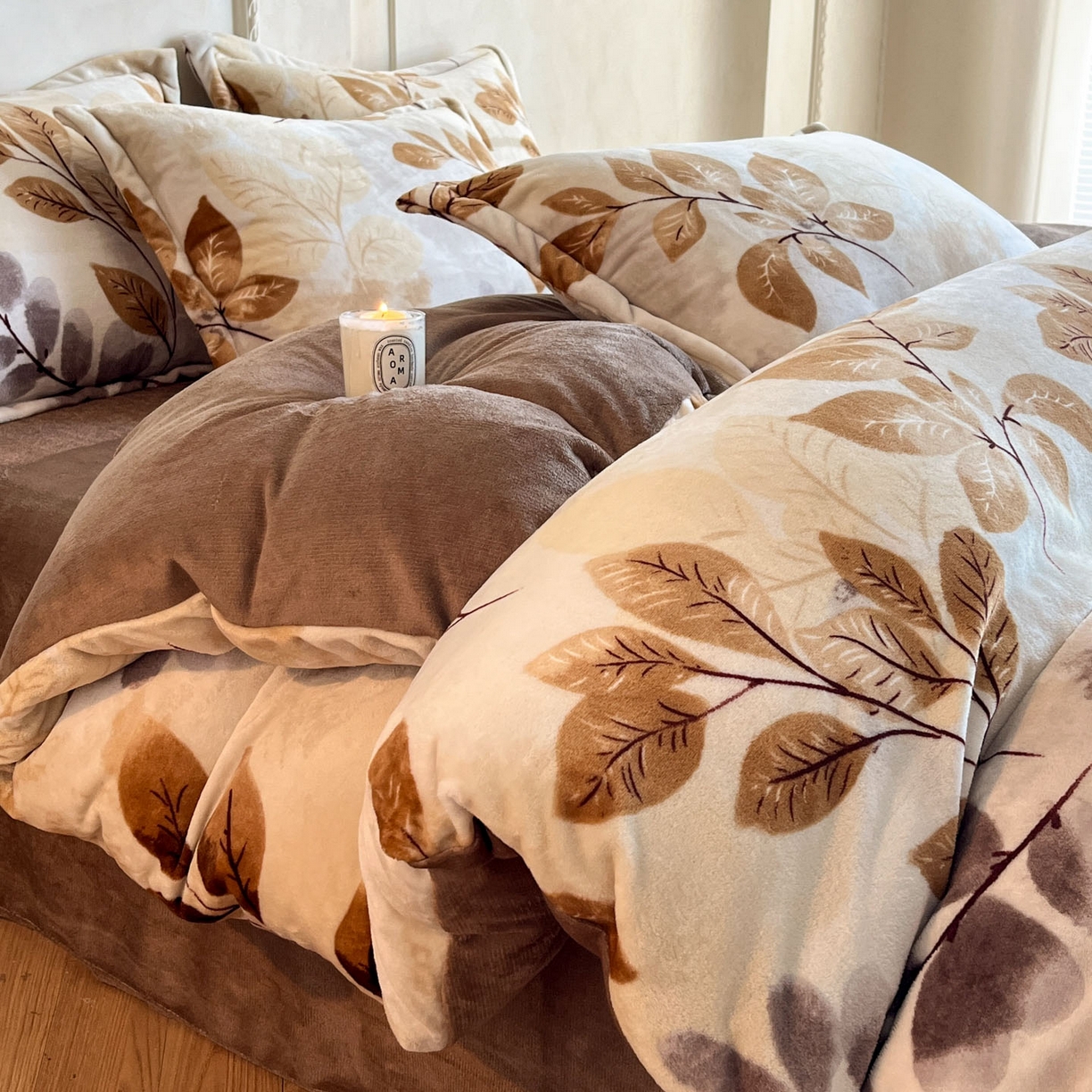 川悦生活 2025新款轻奢风高克重牛奶绒印花保暖四件套 金沐叶天