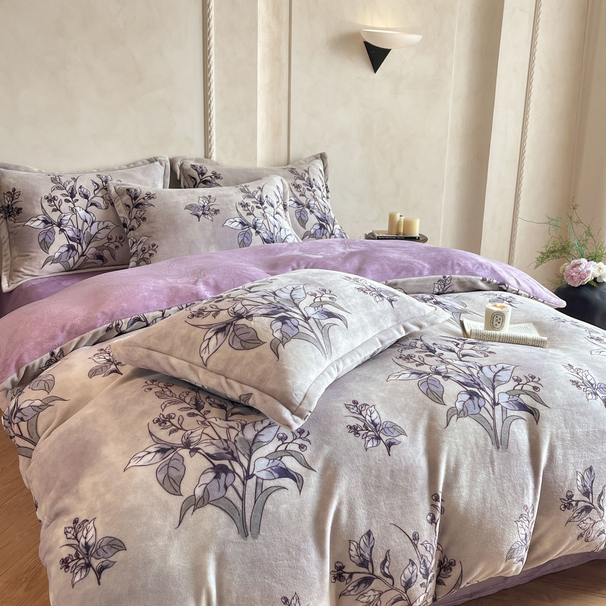 91家纺网 家纺一手货源 找家纺 川悦生活 2025新款轻奢风高克重牛奶绒印花保暖四件套 韵香