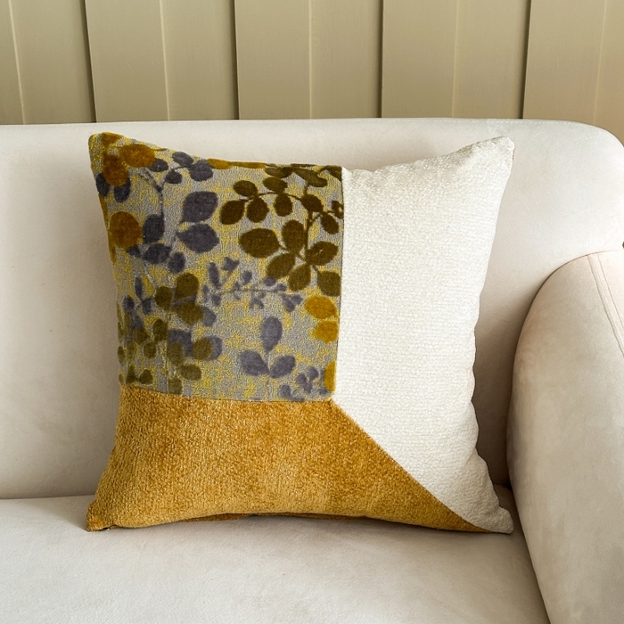 91家纺网 家纺一手货源 找家纺 新奇异 2025新款雪尼尔三拼水墨叶抱枕 三拼墨叶-黄色