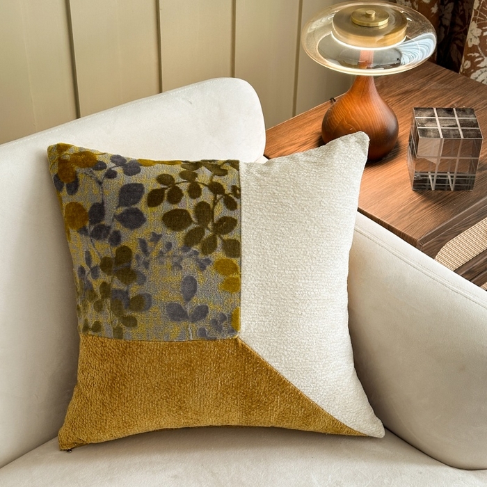 91家纺网 家纺一手货源 找家纺 新奇异 2025新款雪尼尔三拼水墨叶抱枕 三拼墨叶-黄色