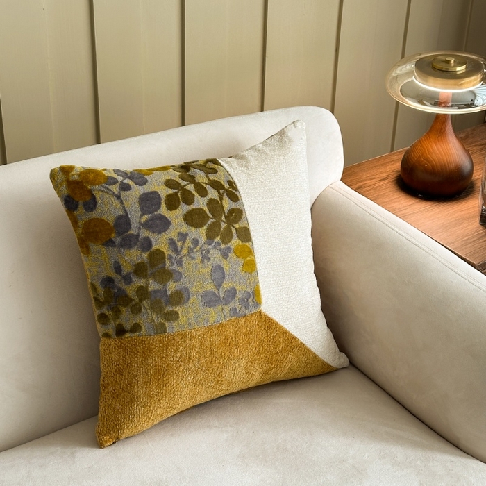 91家纺网 家纺一手货源 找家纺 新奇异 2025新款雪尼尔三拼水墨叶抱枕 三拼墨叶-黄色