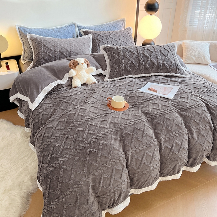 91家纺网 家纺一手货源 找家纺 悦织湾家纺 轻奢塔芙绒菱形格纯色牛奶绒四件套2025新款床上用品加厚保暖4件套 古鼎灰