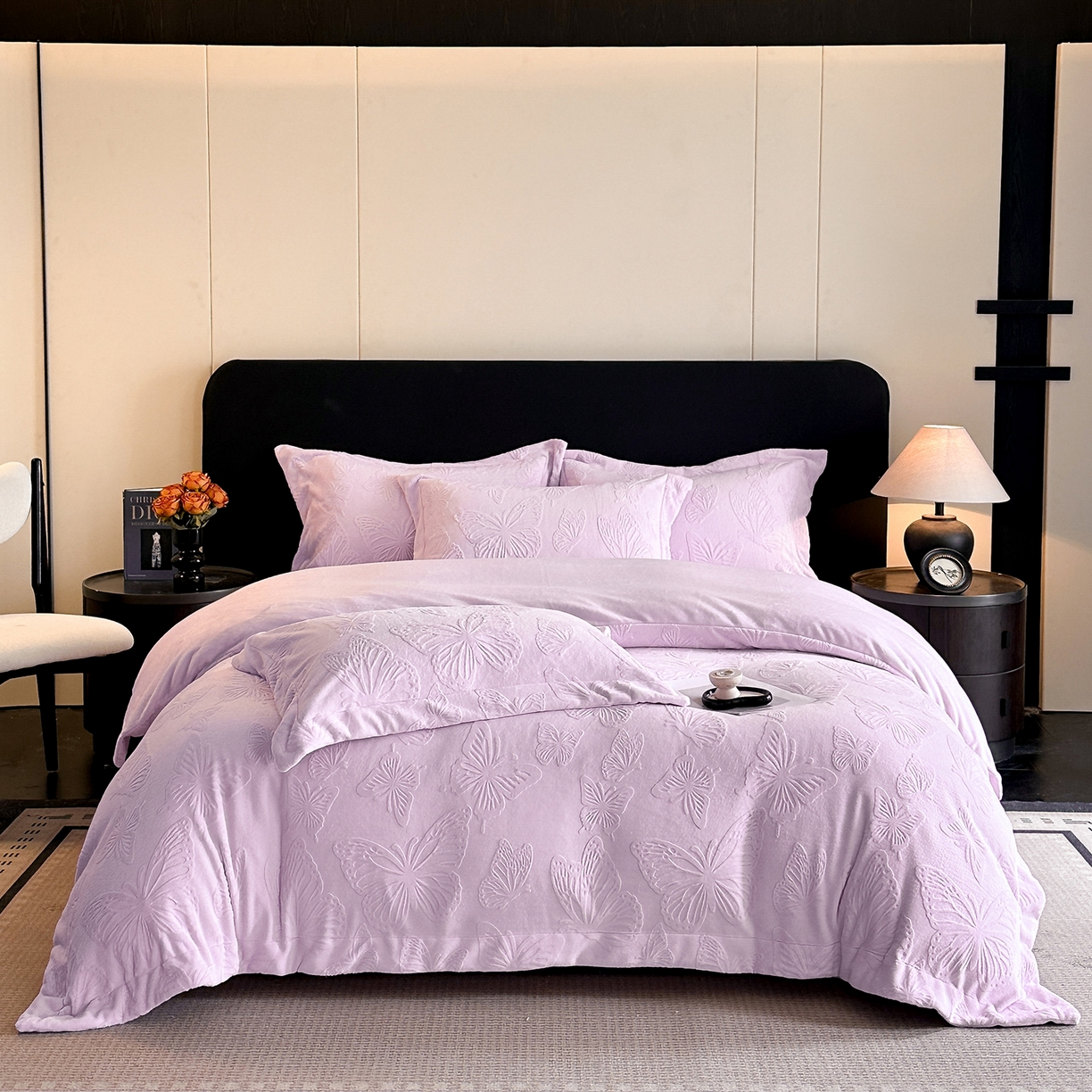 91家纺网 家纺一手货源 找家纺 金阳光家纺 2025新款A类立体雕花牛奶绒轻奢风牛奶绒四件套-梦蝶 梦蝶-紫