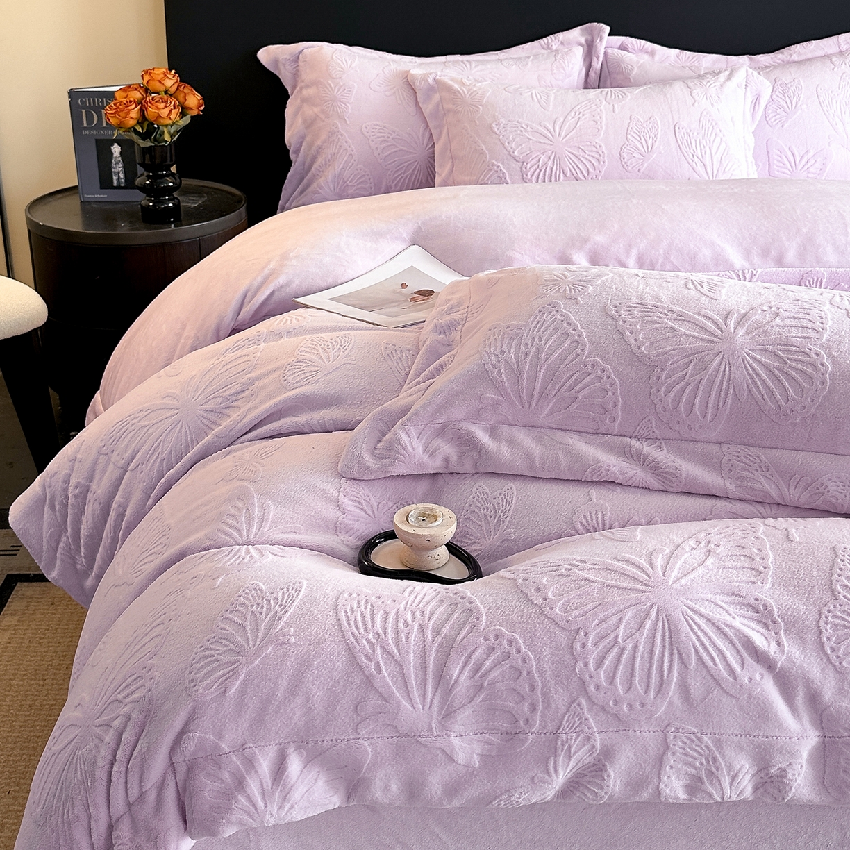 91家纺网 家纺一手货源 找家纺 金阳光家纺 2025新款A类立体雕花牛奶绒轻奢风牛奶绒四件套-梦蝶 梦蝶-紫