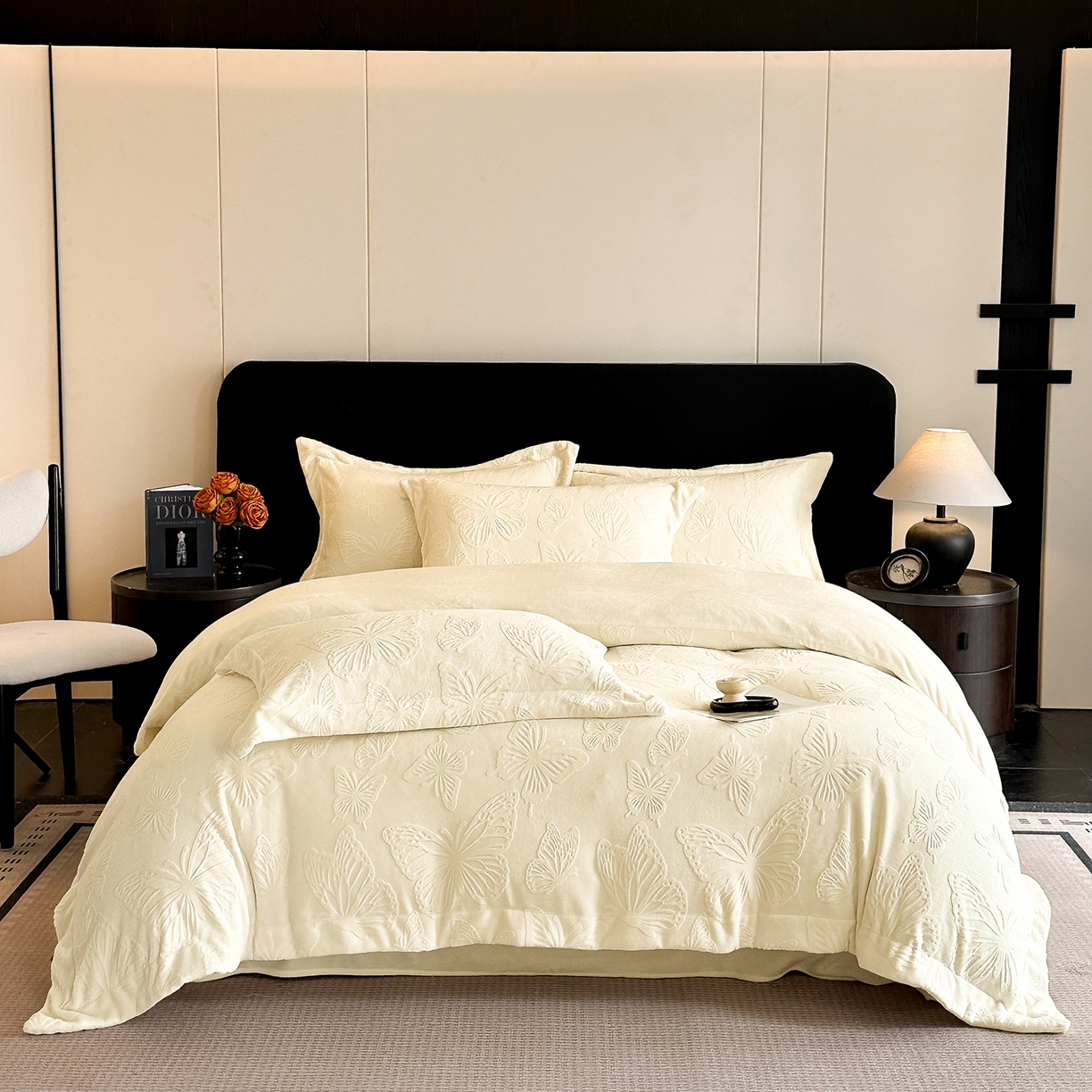 91家纺网 家纺一手货源 找家纺 金阳光家纺 2025新款A类立体雕花牛奶绒轻奢风牛奶绒四件套-梦蝶 梦蝶-白