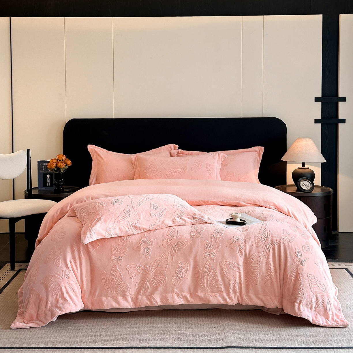 91家纺网 家纺一手货源 找家纺 金阳光家纺 2025新款A类立体雕花牛奶绒轻奢风牛奶绒四件套-梦蝶 梦蝶-粉