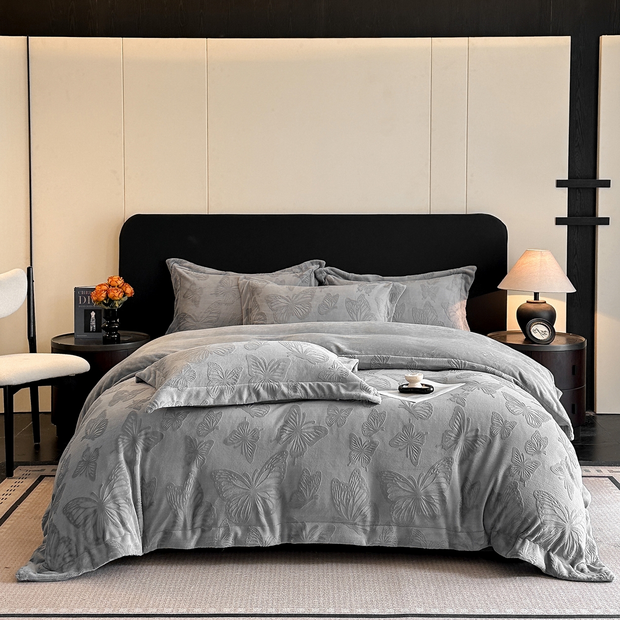 91家纺网 家纺一手货源 找家纺 金阳光家纺 2025新款A类立体雕花牛奶绒轻奢风牛奶绒四件套-梦蝶 梦蝶-灰