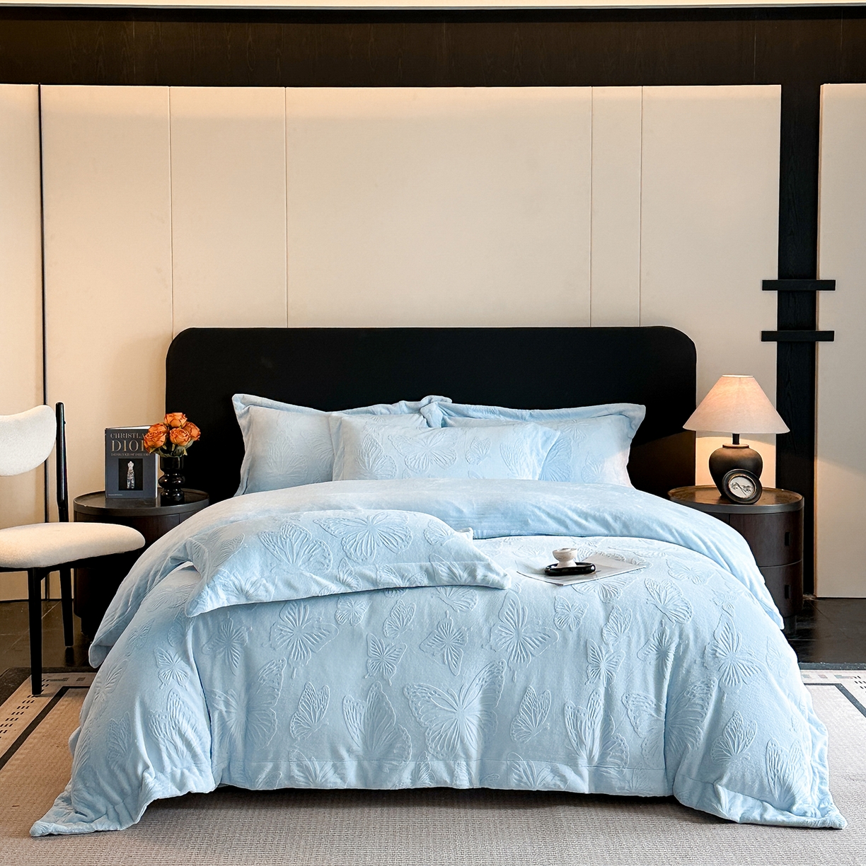 91家纺网 家纺一手货源 找家纺 金阳光家纺 2025新款A类立体雕花牛奶绒轻奢风牛奶绒四件套-梦蝶 梦蝶-蓝