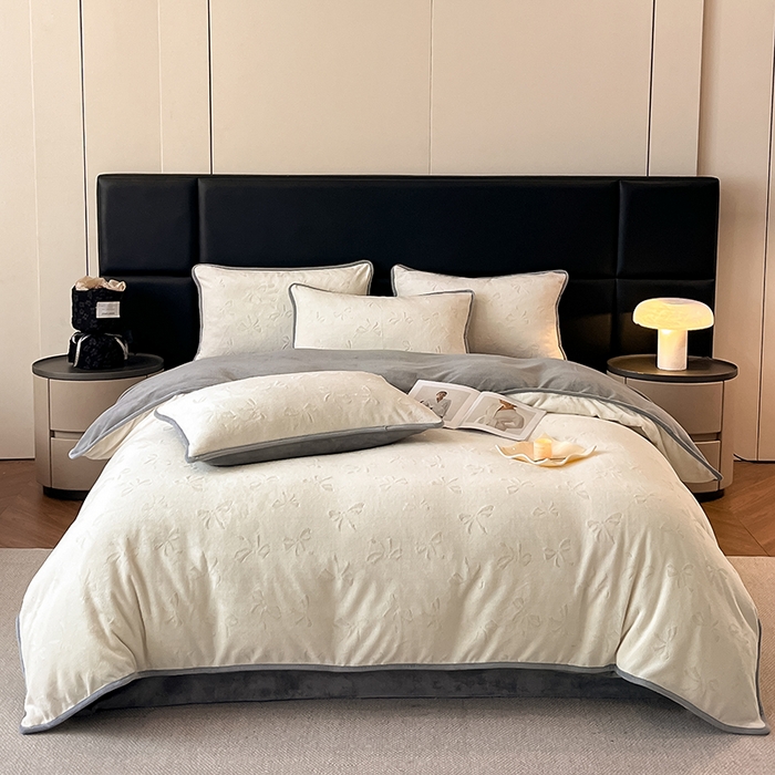 91家纺网 家纺一手货源 找家纺 （总）金阳光家纺 2025新款A类立体雕花蝴蝶结包边款牛奶绒四件套-舞蝶系列