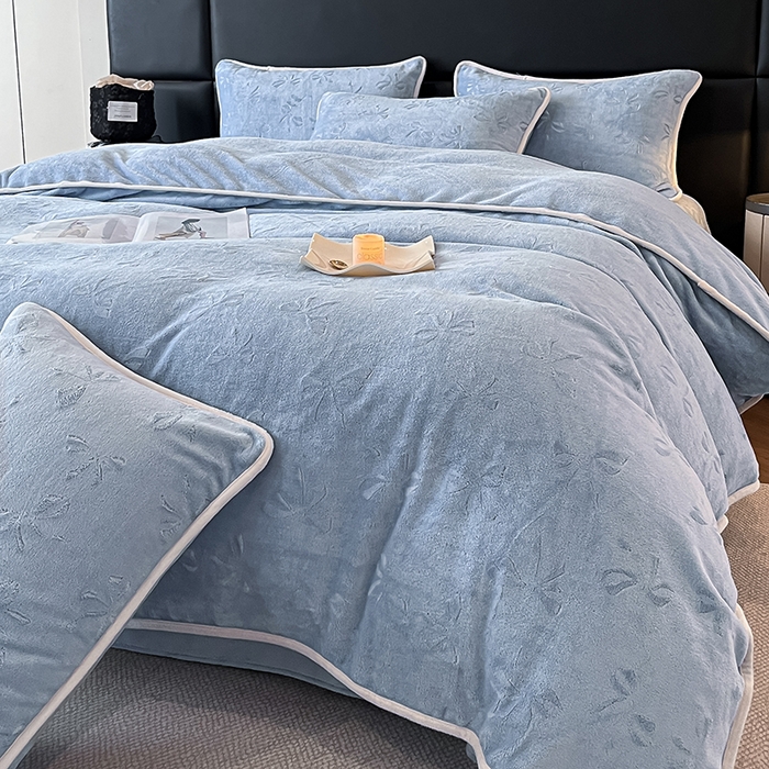 金阳光家纺 2025新款A类立体雕花蝴蝶结包边款牛奶绒四件套-舞蝶系列 舞蝶-蝶蓝