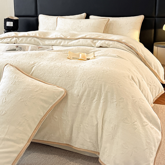 金阳光家纺 2025新款A类立体雕花蝴蝶结包边款牛奶绒四件套-舞蝶系列 舞蝶-蝶白