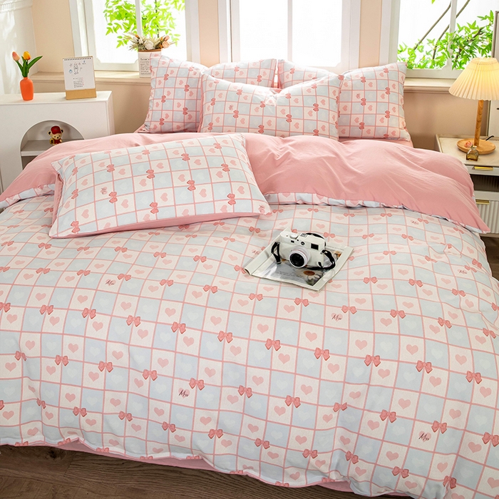 91家纺网 家纺一手货源 找家纺 亦帆枕芯 2025新款水洗棉四件套 粉蓝甜心