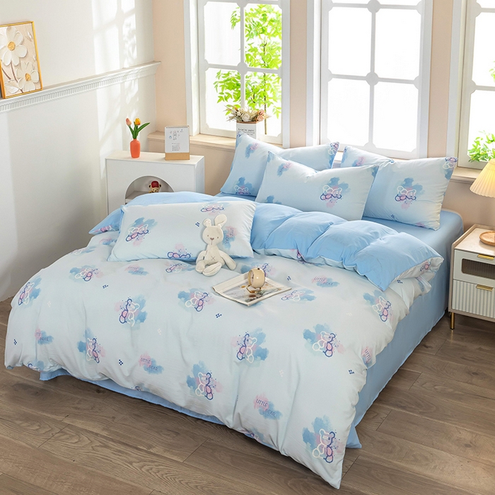 91家纺网 家纺一手货源 找家纺 亦帆枕芯 2025新款水洗棉四件套 幻彩小熊-蓝