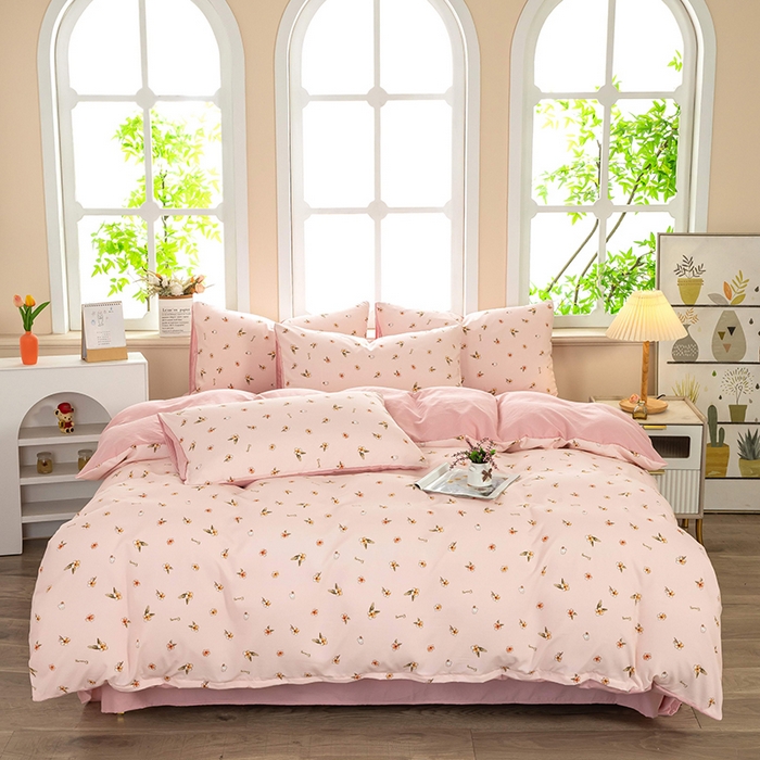 91家纺网 家纺一手货源 找家纺 亦帆枕芯 2025新款水洗棉四件套 浅粉花语