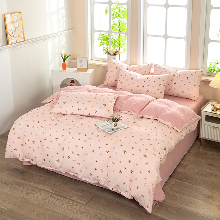 91家纺网 家纺一手货源 找家纺 亦帆枕芯 2025新款水洗棉四件套 浅粉花语