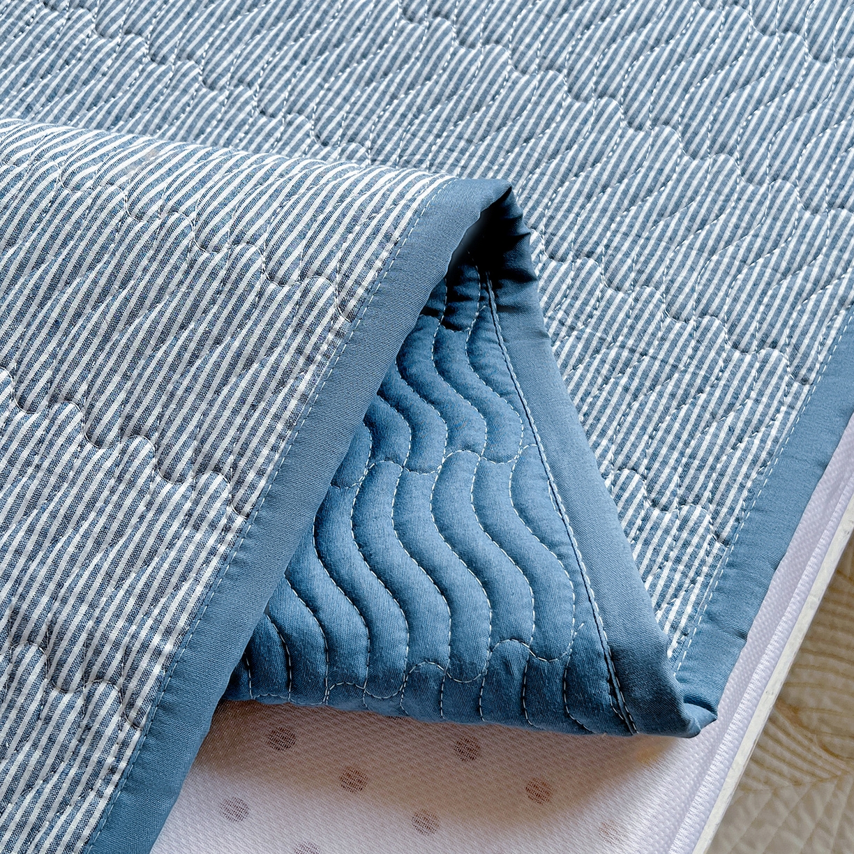 91家纺网 家纺一手货源 找家纺 乐野家居 2025热款学生床全棉色织水洗棉夹棉多功能床垫-床盖 流年布鲁蓝