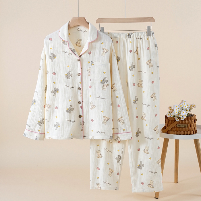 91家纺网 家纺一手货源 找家纺 （总）洛兰沙家居馆【只代发】【只代发】2025新款日系简约纯棉双层纱绉布女士睡衣春秋夏季薄款长袖长裤可外穿家居服