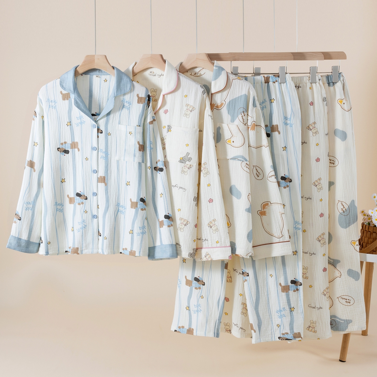 91家纺网 家纺一手货源 找家纺 （总）洛兰沙家居馆【只代发】【只代发】2025新款日系简约纯棉双层纱绉布女士睡衣春秋夏季薄款长袖长裤可外穿家居服