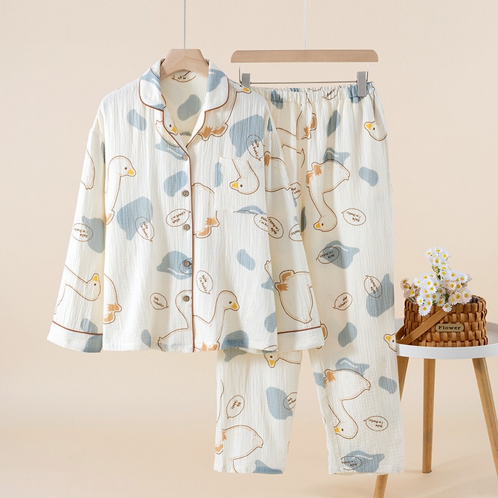 91家纺网 家纺一手货源 找家纺 （总）洛兰沙家居馆【只代发】【只代发】2025新款日系简约纯棉双层纱绉布女士睡衣春秋夏季薄款长袖长裤可外穿家居服