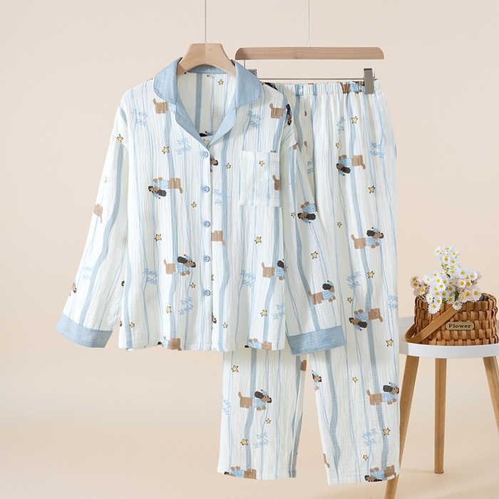 91家纺网 家纺一手货源 找家纺 （总）洛兰沙家居馆【只代发】【只代发】2025新款日系简约纯棉双层纱绉布女士睡衣春秋夏季薄款长袖长裤可外穿家居服