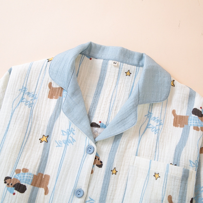 91家纺网 家纺一手货源 找家纺 （总）洛兰沙家居馆【只代发】【只代发】2025新款日系简约纯棉双层纱绉布女士睡衣春秋夏季薄款长袖长裤可外穿家居服