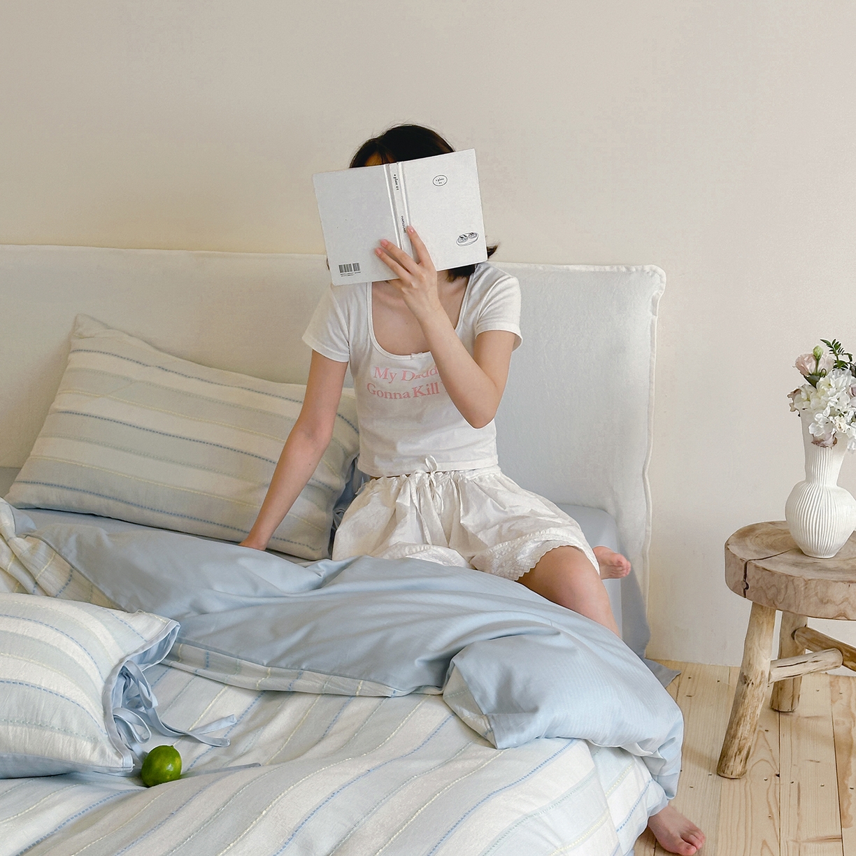 91家纺网 家纺一手货源 找家纺 小春日和 2025新款纯棉水洗提花四件套全棉中性风三件套穿绳工艺被套民宿床单加大被套1.8纯色床笠-醒春系列 醒春 蓝