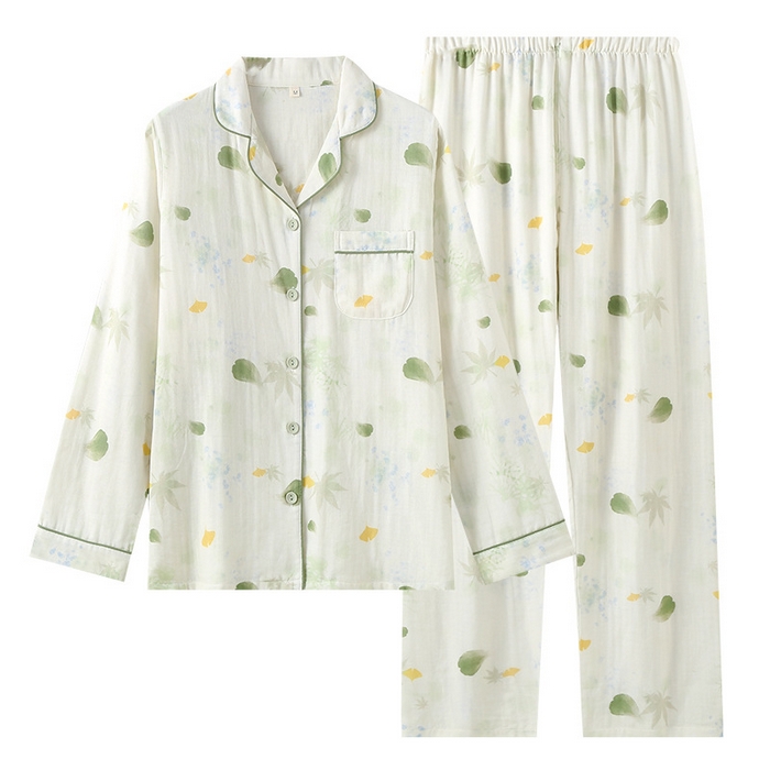 91家纺网 家纺一手货源 找家纺 （总）洛兰沙家居馆【只代发】【只代发】2025新款日系简约纯棉双层纱布女士睡衣春秋夏季薄款长袖长裤可外穿家居服