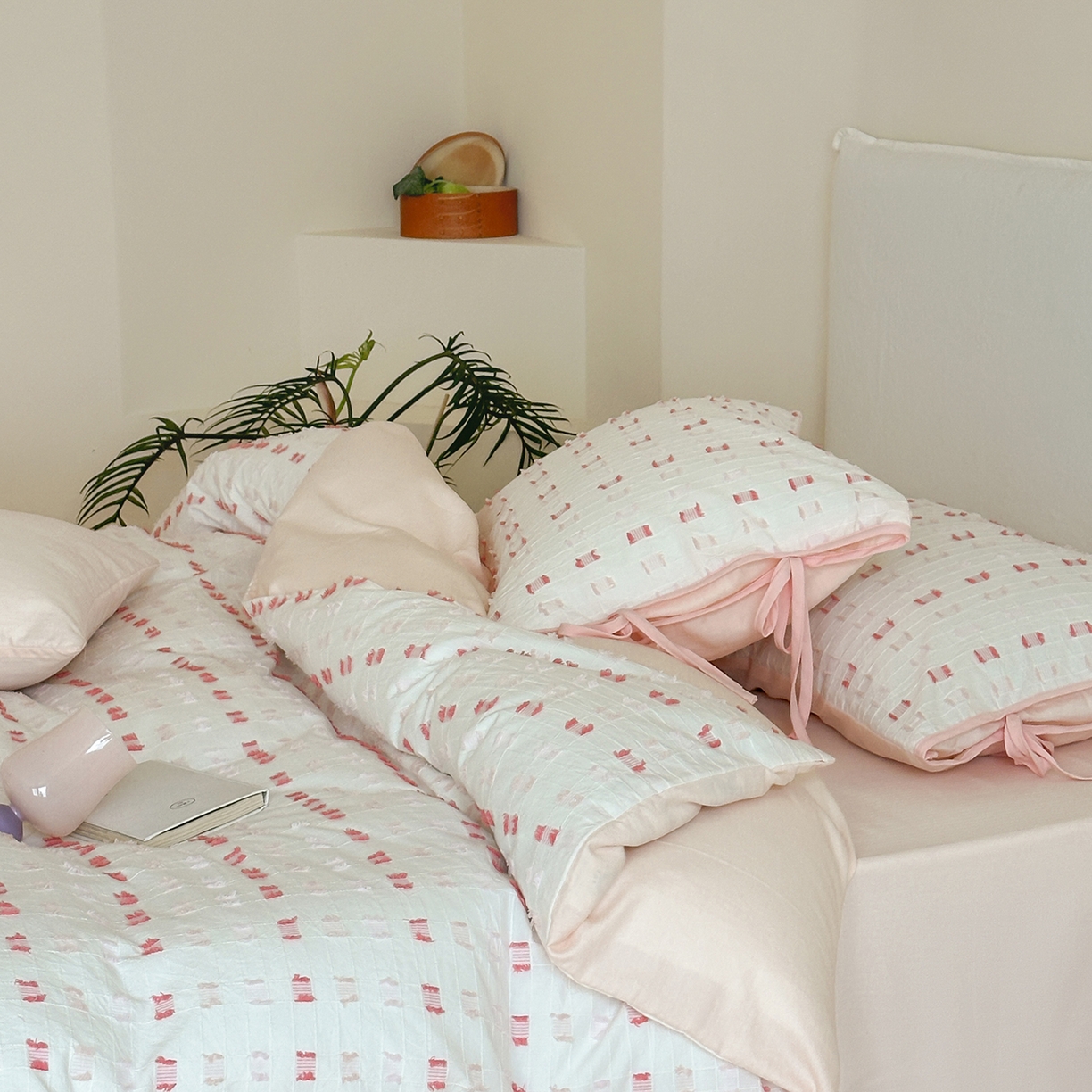 （总）小春日和 2025新款纯棉水洗剪花四件套全棉绑带款民宿风三件套1.8床笠加大被套简约床上