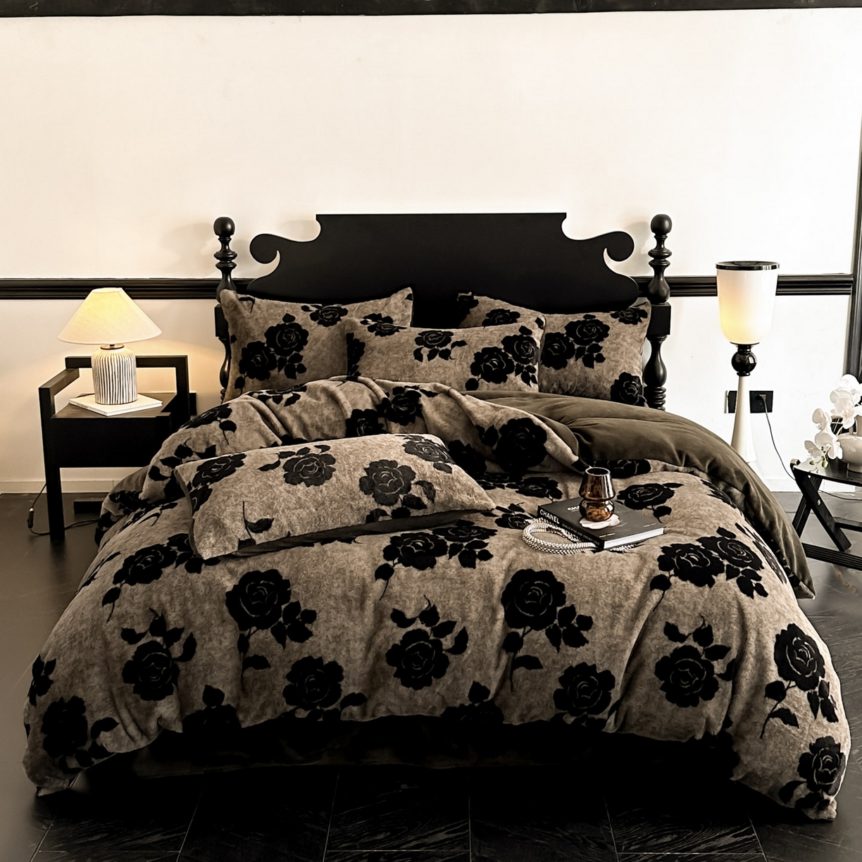 91家纺网 家纺一手货源 找家纺 米彩家纺 2025新款A类高克重兔毛绒印花雕花四件套-美拉德-美拉德系列系列 美拉德-盛放灰