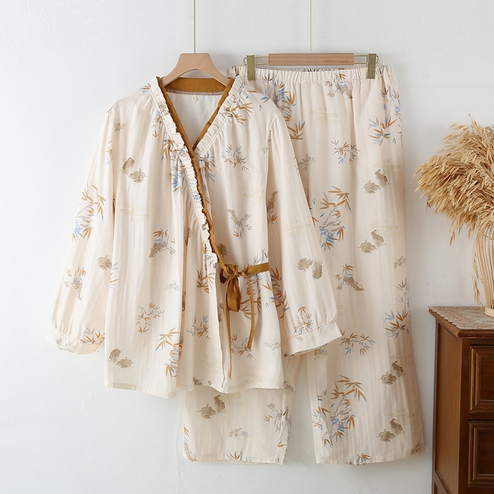 91家纺网 家纺一手货源 找家纺 （总）洛兰沙家居馆【只代发】【只代发】2025新款简约风纯棉双层细纱水洗棉女士睡衣春秋夏季薄款翻领斜襟长袖长裤可外穿家居服套装