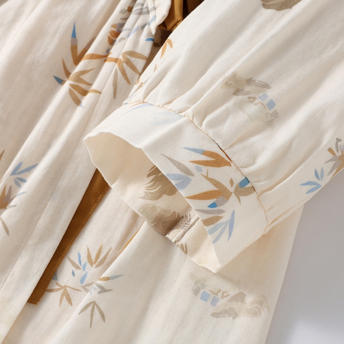 91家纺网 家纺一手货源 找家纺 （总）洛兰沙家居馆【只代发】【只代发】2025新款简约风纯棉双层细纱水洗棉女士睡衣春秋夏季薄款翻领斜襟长袖长裤可外穿家居服套装