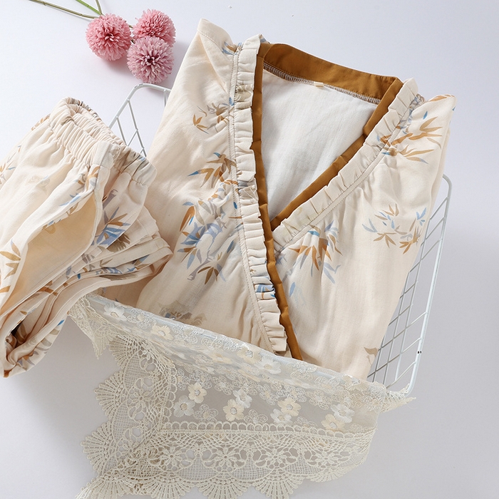 91家纺网 家纺一手货源 找家纺 （总）洛兰沙家居馆【只代发】【只代发】2025新款简约风纯棉双层细纱水洗棉女士睡衣春秋夏季薄款翻领斜襟长袖长裤可外穿家居服套装