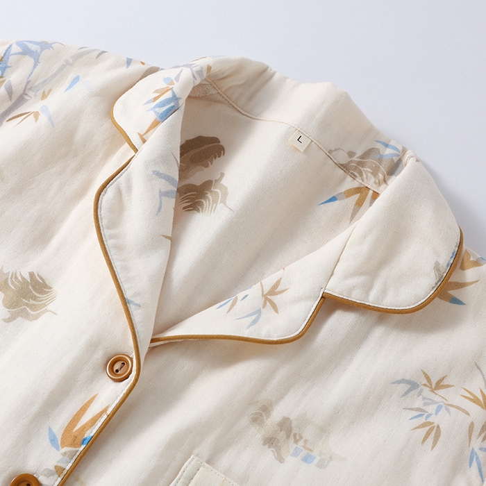 91家纺网 家纺一手货源 找家纺 （总）洛兰沙家居馆【只代发】【只代发】2025新款简约风纯棉双层细纱水洗棉女士睡衣春秋夏季薄款翻领斜襟长袖长裤可外穿家居服套装