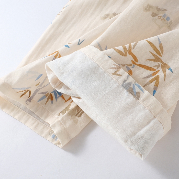 91家纺网 家纺一手货源 找家纺 （总）洛兰沙家居馆【只代发】【只代发】2025新款简约风纯棉双层细纱水洗棉女士睡衣春秋夏季薄款翻领斜襟长袖长裤可外穿家居服套装