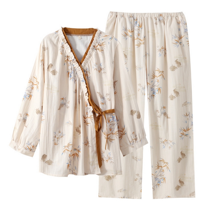 91家纺网 家纺一手货源 找家纺 （总）洛兰沙家居馆【只代发】【只代发】2025新款简约风纯棉双层细纱水洗棉女士睡衣春秋夏季薄款翻领斜襟长袖长裤可外穿家居服套装