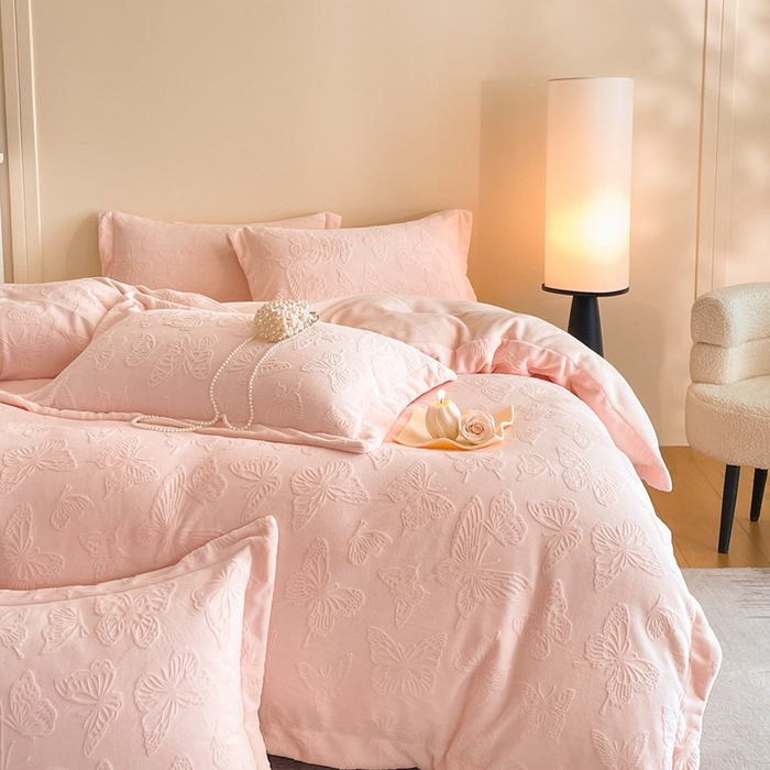 91家纺网 家纺一手货源 找家纺 （总）米彩家纺 2025新款A类牛奶绒立体雕花烂花宽边四件套