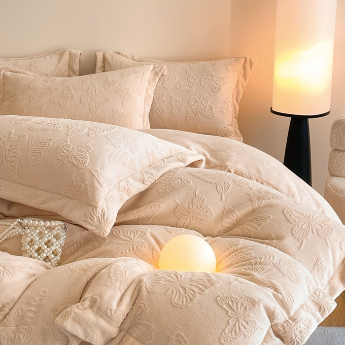 91家纺网 家纺一手货源 找家纺 米彩家纺 2025新款A类牛奶绒立体雕花烂花宽边四件套 蝴蝶奶茶