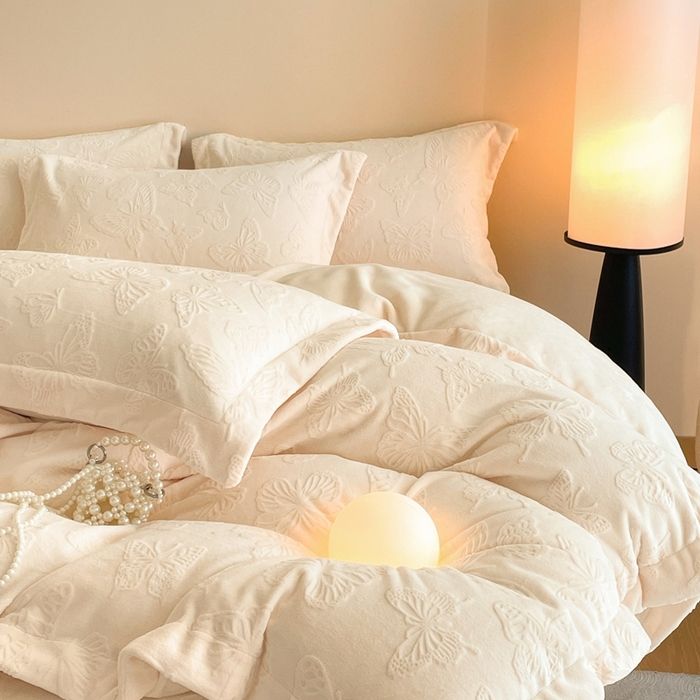 91家纺网 家纺一手货源 找家纺 米彩家纺 2025新款A类牛奶绒立体雕花烂花宽边四件套 蝴蝶奶白