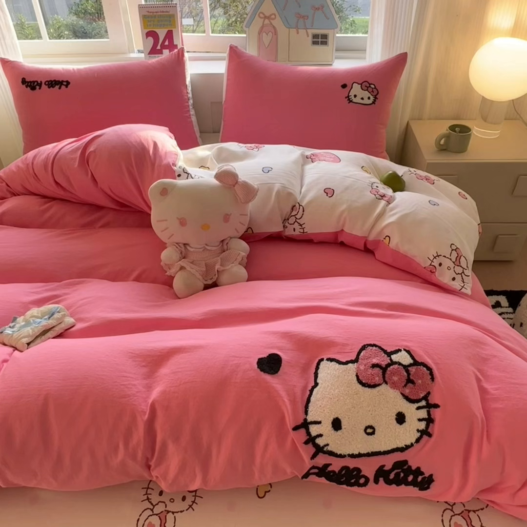 91家纺网 家纺一手货源 找家纺 （总）艾特你 2025新款三丽鸥水洗云朵棉毛巾绣四件套学生宿舍三件套-三丽鸥