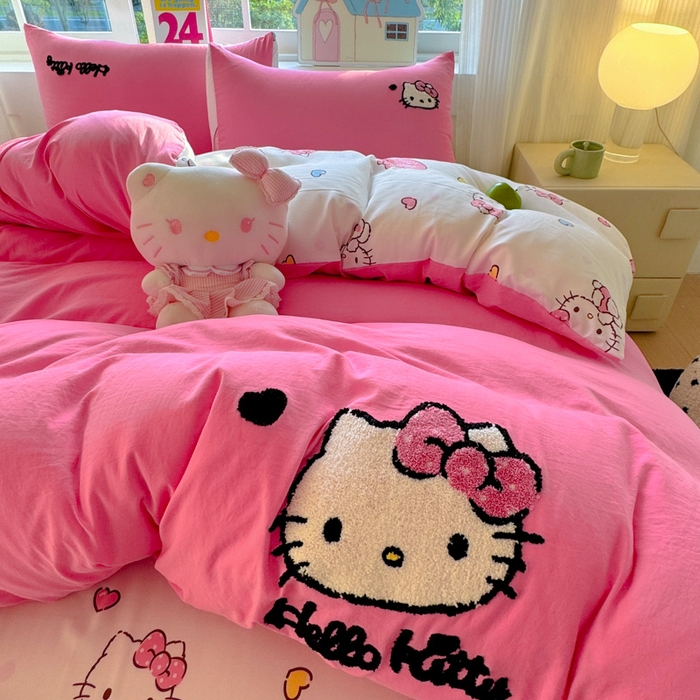 91家纺网 家纺一手货源 找家纺 （总）艾特你 2025新款三丽鸥水洗云朵棉毛巾绣四件套学生宿舍三件套-三丽鸥