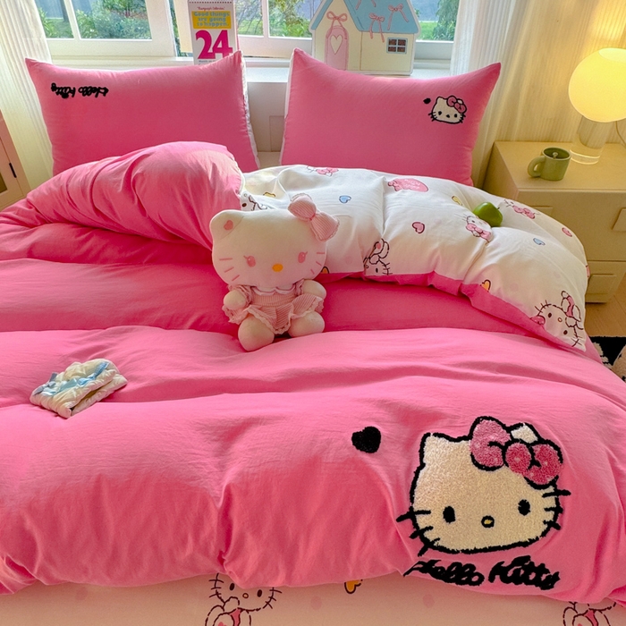 91家纺网 家纺一手货源 找家纺 （总）艾特你 2025新款三丽鸥水洗云朵棉毛巾绣四件套学生宿舍三件套-三丽鸥