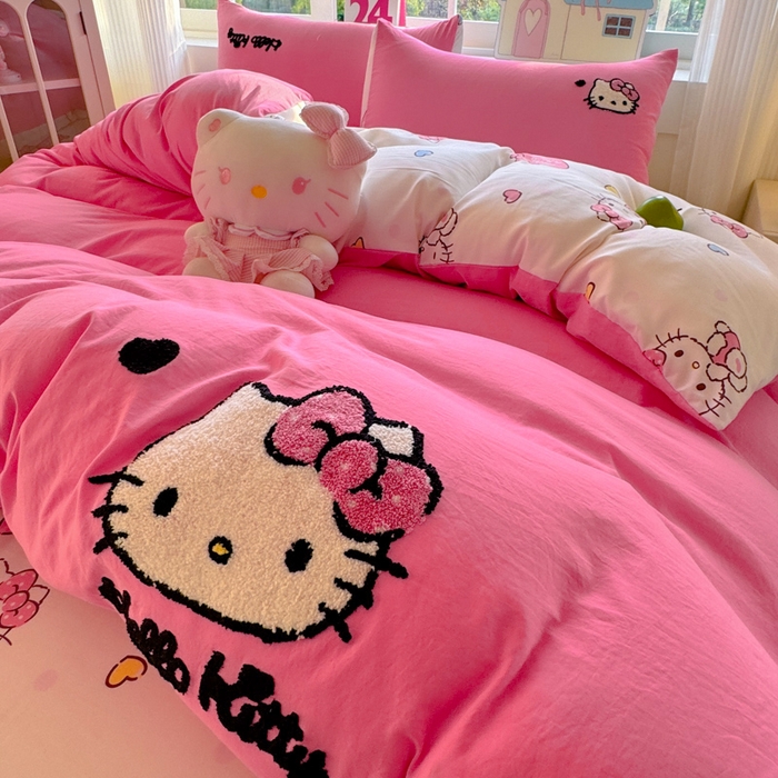 91家纺网 家纺一手货源 找家纺 （总）艾特你 2025新款三丽鸥水洗云朵棉毛巾绣四件套学生宿舍三件套-三丽鸥