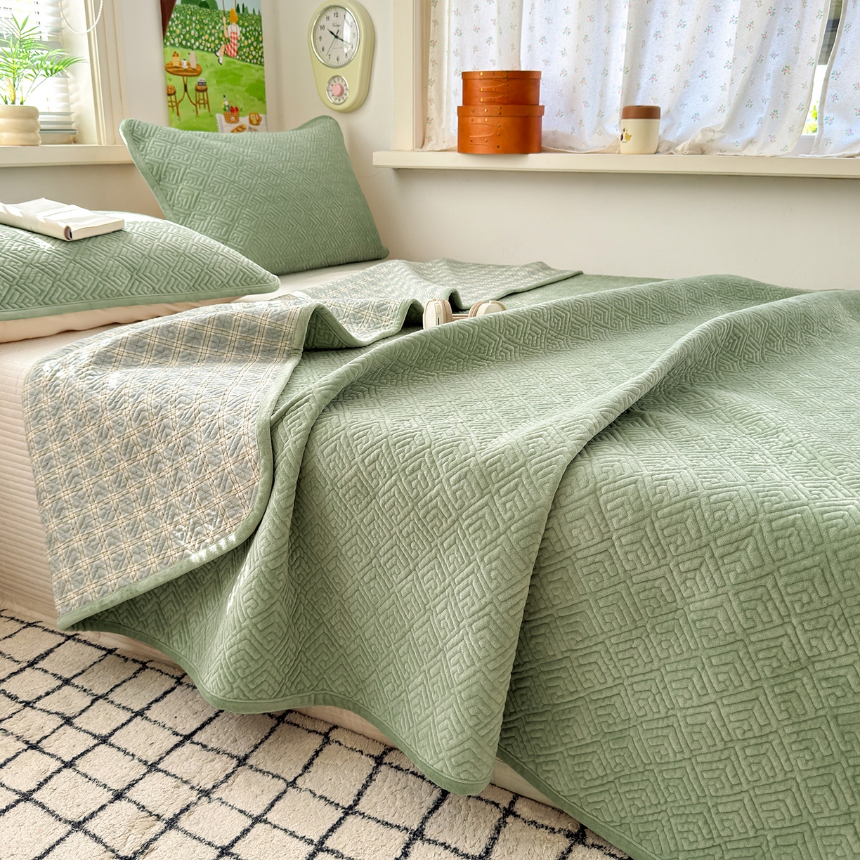 美优兰 2025新款棉加绒高温砂洗夹棉单床盖 床盖单件 暖阳-草绿