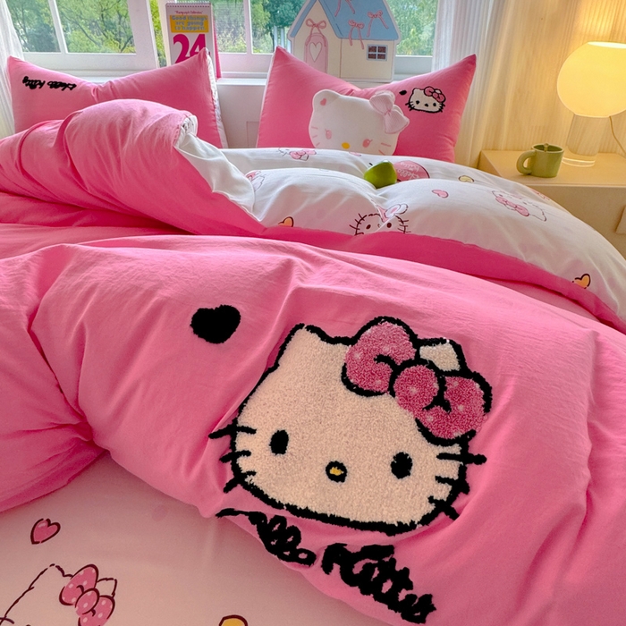 91家纺网 家纺一手货源 找家纺 （总）艾特你 2025新款三丽鸥水洗云朵棉毛巾绣四件套学生宿舍三件套-三丽鸥