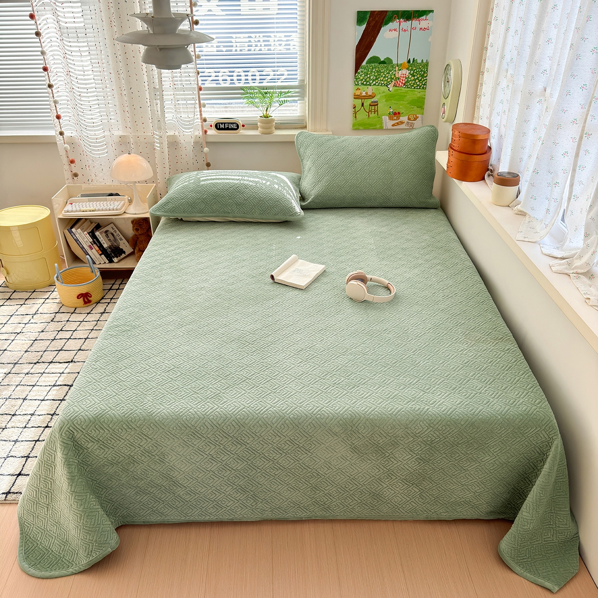 91家纺网 家纺一手货源 找家纺 美优兰 2025新款棉加绒高温砂洗夹棉单床盖 床盖单件 暖阳-草绿