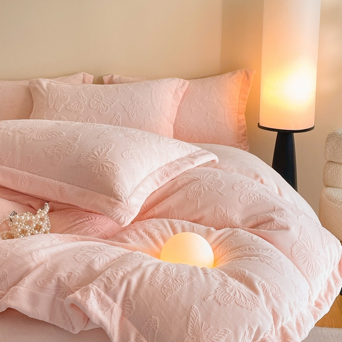 91家纺网 家纺一手货源 找家纺 米彩家纺 2025新款A类牛奶绒立体雕花烂花宽边四件套 蝴蝶粉玉