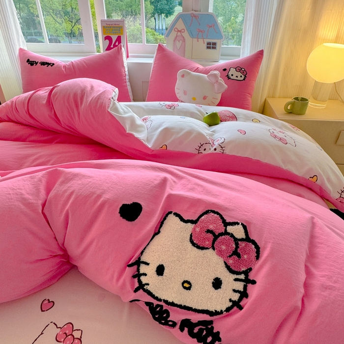 91家纺网 家纺一手货源 找家纺 （总）艾特你 2025新款三丽鸥水洗云朵棉毛巾绣四件套学生宿舍三件套-三丽鸥